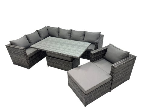 Fimous 8-seater Height Adjustable Rising Lifting Table Corner Sofa Set Rattan Garden Furniture Dining Set with Big Stool Dark Grey Mixed