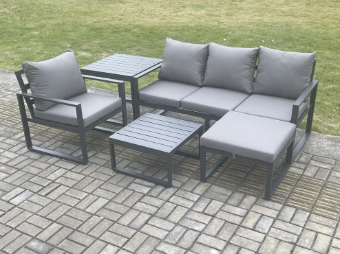 Fimous Aluminium Outdoor Garden Furniture Set Lounge Sofa Chairs Square Coffee Table Sets with Side Table Big Footstool Conservatory Set Dark Grey