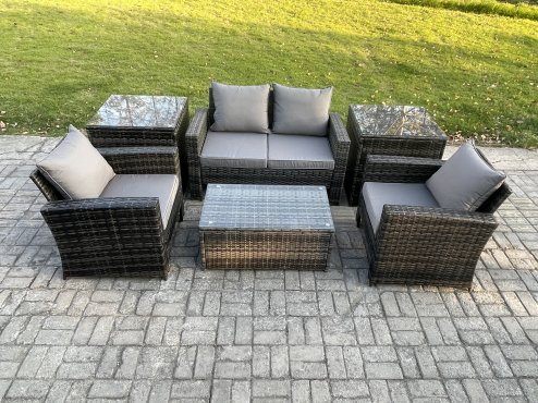 Fimous Outdoor Lounge Sofa Set Wicker PE Rattan Garden Furniture Set with Rectangular Coffee Table Double Seat Sofa 2 Side Tables Dark Grey Mixed