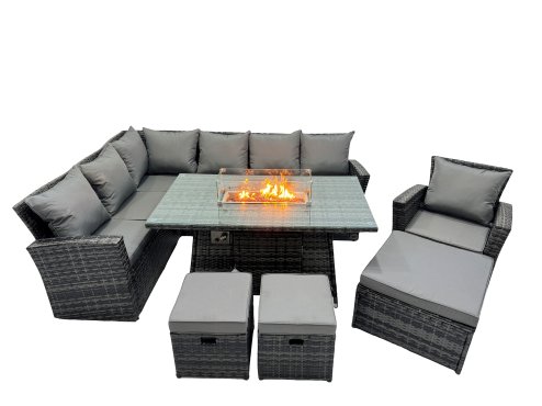 Fimous Poly Rattan Outdoor Patio Gas Firpit Dining Table Corner Sofa Set with 3 Stools Chair for Garden Backyard Dark Grey Mixed