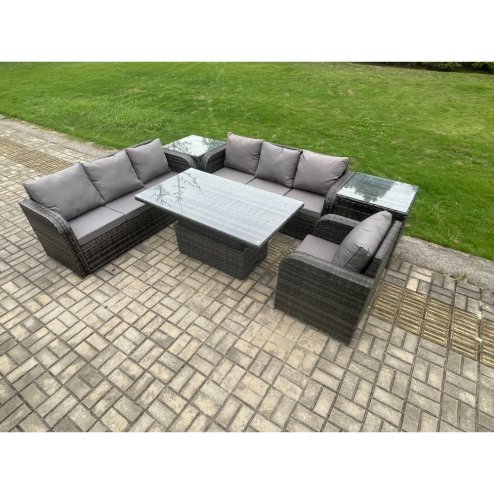 Fimous Outdoor Rattan Garden Furniture Sets Height Adjustable Rising lifting Dining Table Sofa Set with Reclining Chair 2 Side Tables Dark Grey Mixed