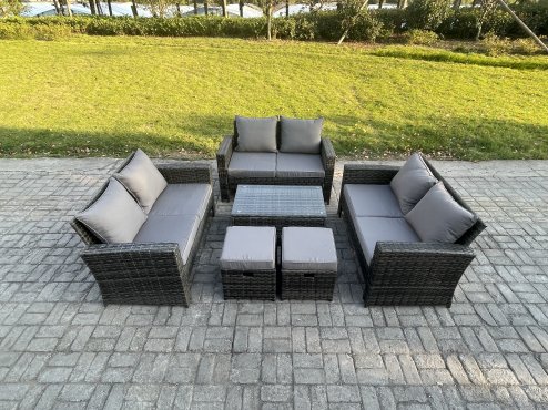 Fimous 6pc Rattan Sofa Garden Furniture Outdoor Patio Set with 2 Small Footstools Double Seat Sofa Dark Grey Mixed