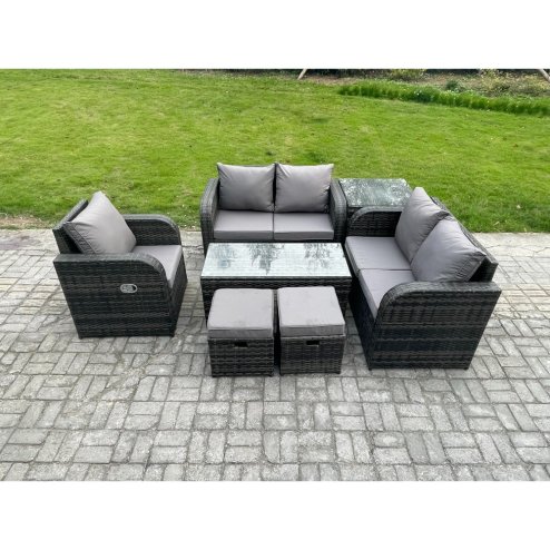 Fimous Rattan Outdoor Garden Furniture Sofa Set Patio Table & Chairs Set with 2 Small Footstools Side Table Dark Grey Mixed