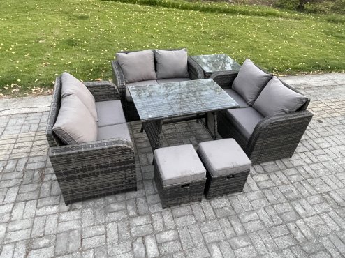 Fimous Rattan Garden Furniture Set 8 Seater Patio Outdoor Love Sofa Set with Rectangular Dining Table Side Table 2 Small Footstools Dark Grey Mixed