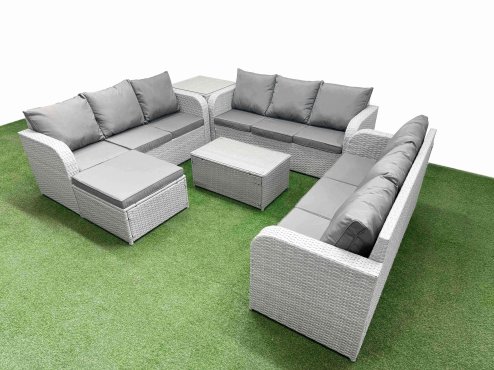 Fimous PE Rattan Lounge Sofa Set 10 Seater Outdoor Garden Furniture Set with Rectangular Coffee Table 3 Seater Sofa Big Footstool Side Table Light Grey