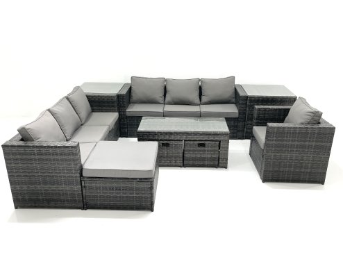 Fimous Outdoor Garden Furniture Set 10 Seater Rattan Sofa Set with Coffee Table 3 Footstools Armchair 2 Side Tables Dark Grey Mixed