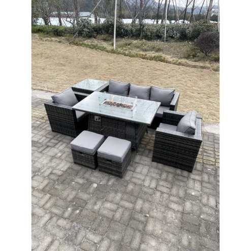 Fimous Outdoor PE Rattan Garden Furniture Gas Fire Pit Dining Table Armchairs With High Side Coffee Table 2 Stools Dark Grey Mixed