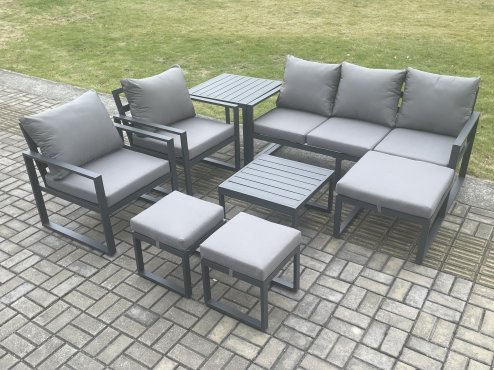 Fimous Aluminium Outdoor Lounge Sofa Set Garden Furniture Sets with Square Coffee Table 2 Chairs 3 Footstools Side Table Dark Grey 8 Seater