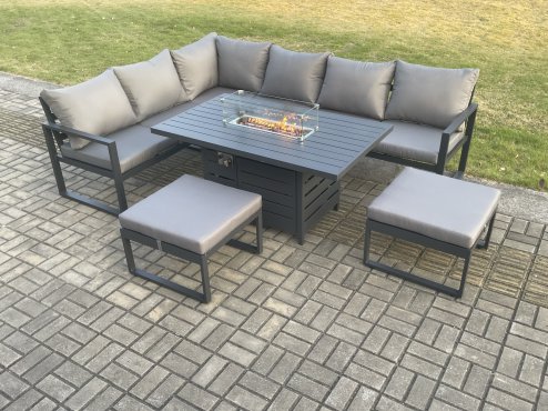 Fimous Aluminium Patio Outdoor Garden Furniture Corner Sofa Set Gas Fire Pit Dining Table with 2 Big Footstools Dark Grey