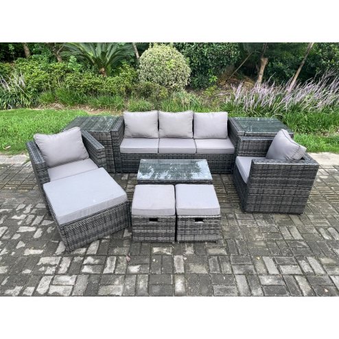 Fimous 8 Seater Rattan Garden Furniture Set Outdoor Patio Sofa Set with 2 Armchairs 2 Side Tables Oblong Table 3 Footstools Dark Grey Mixed