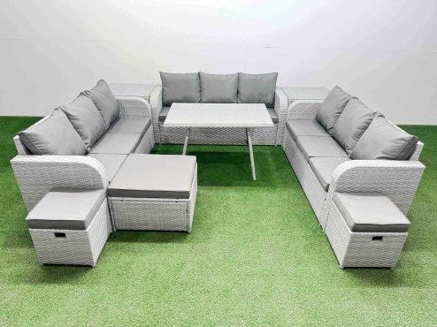Fimous 12 Seat Outdoor PE Rattan Garden Furniture with Cushions 3 Seater Sofa 2 Side Tables 3 Stool Light Grey