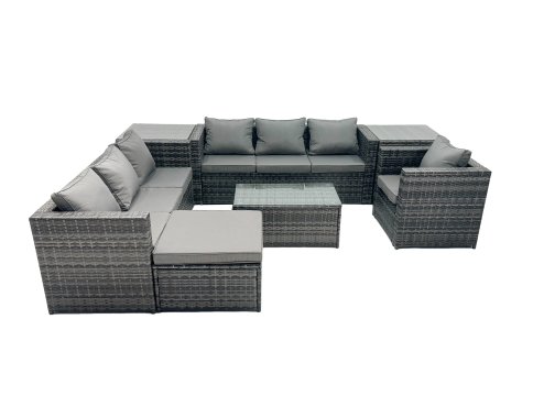 Fimous Rattan Garden Furniture Dining Set 8-seater Patio Coffee Table Sofa Set with Big Stool 2 Side Tables Dark Grey Mixed