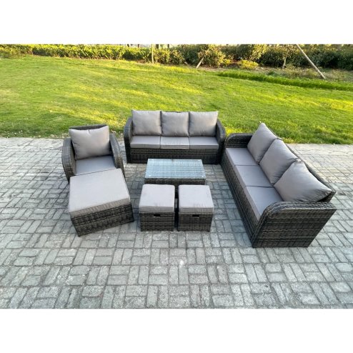 Fimous 10 Seater Rattan Lounge Sofa Set Outdoor Garden Furniture Set with Rectangular Coffee Table 3 Seater Sofa 3 Footstools Dark Grey Mixed