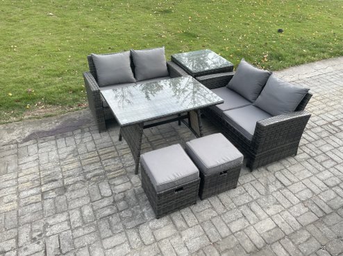 Fimous Garden Furniture Sets 6 Pieces Wicker Rattan Furniture Manual Wicker Patio Sofa Patio Conversation Set with Side Table 2 Small Footstools Dark Grey Mixed