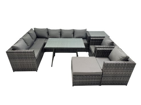 Fimous 9-seater Outdoor PE Rattan Sofa Set with Dining Table Patio Garden Furniture Sets with 2 Chair Big Stool Side Table Dark Grey Mixed