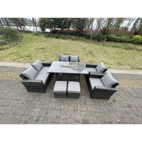 Fimous Rattan Outdoor Furniture Gas Fire Pit Rectangle Dining Table Gas Heater Chairs Two Seater Love Sofa Sets Footstools 8 Seater