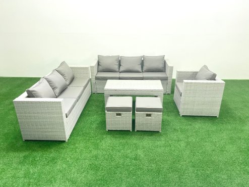 Fimous Wicker PE Rattan Sofa Garden Furniture Set with Oblong Coffee Table Armchair 2 Small Footstools Light Grey Mixed