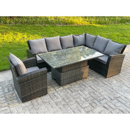 Fimous High Back PE Rattan Corner Sofa Set Garden Furniture Adjustable Rising Lifting Table Set With Armchair