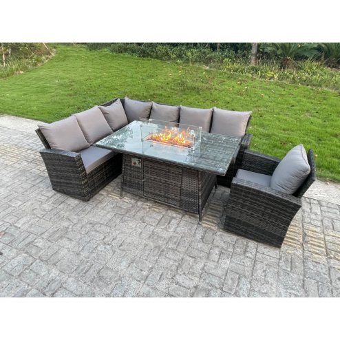 Fimous Outdoor Rattan Corner Sofa Garden Furniture High Back Sofa Set Gas Fire Pit Dining Table Gas Heater Burner Arm Chair 7 Seater
