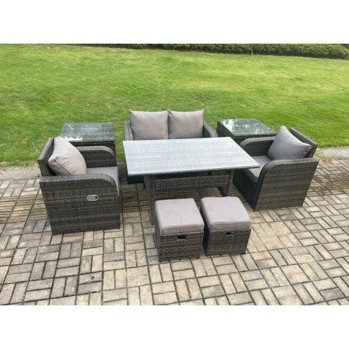 Fimous Rattan Outdoor Garden Furniture Set Rectangular Dining Table and Chair Sofa Set With 2 Side Tables 2 Small Footstools Dark Grey Mixed