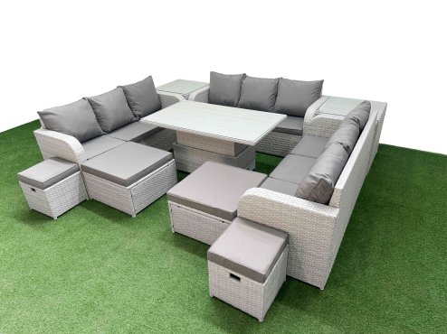Fimous 8 Pieces Garden Rising Dining Table High Back Inclining Sofa Set 2 Big Footstool 2 Small Stool 2 Side Table Light Grey