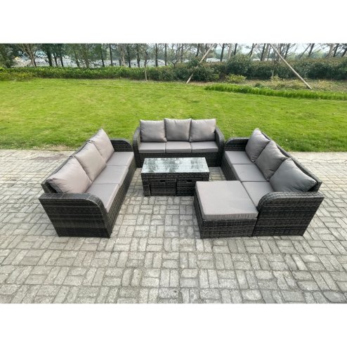 Fimous 12 Seater Rattan Garden Furniture Set Indoor Outdoor Patio Sofa Set with Coffee Table 3 Footstools Dark Grey Mixed