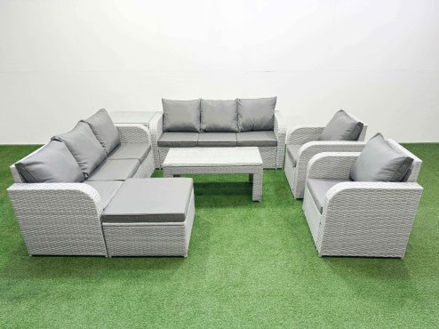 Fimous PE Rattan High Back Lounge Sofa Set Patio Oblong Coffee Table & Chairs Set with 3 Seater Sofa Reclining Chair Big Footstool Side Table Light Grey