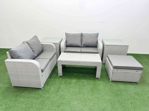 Fimous 5 Seater Outdoor Love Sofa Set Rattan Garden Furniture Set with Oblong Coffee Table Big Footstool 2 Side Tables Light Grey