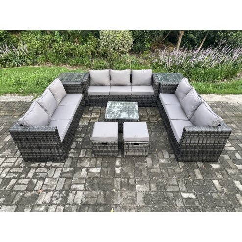 Fimous 11 Seater Outdoor Rattan Garden Furniture Set Patio Lounge Sofa Set with 2 Side Tables Square Coffee Table 2 Small Footstool Dark Grey Mixed