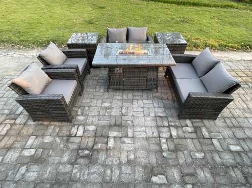 Fimous Wicker PE Rattan Garden Furniture Sets Patio Outdoor Gas Firepit Dining Table Heater Set with Double Seat Sofa 2 Side Tables Dark Grey Mixed