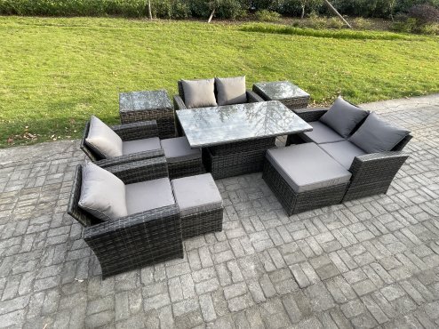 Fimous Outdoor Garden Furniture Sets 10 Pieces Wicker Rattan Furniture Sofa Dining Table Set with 3 Footstools 2 Side Tables Dark Grey Mixed