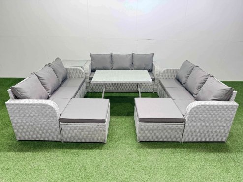 Fimous 11 Seat Outdoor PE Rattan Garden Furniture with Cushions 3 Seater Sofa Side Table 2 Big Stools Light Grey
