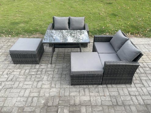 Fimous 6 Seater Wicker PE Rattan Garden Dining Set Outdoor Furniture Sofa with Rectangular Dining Table Double Seat Sofa 2 Big Footstool Dark Grey Mixed