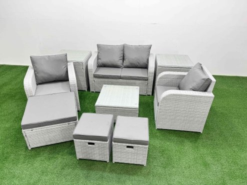 Fimous Light Grey PE Wicker Rattan Garden Furniture Set Sofa Set Reclining Adjustable Chair Square Coffee Table 7 Seater 3 Stools 3 Side Table