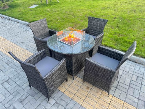 Fimous 5-Piece PE Rattan Garden Furniture with Medium Round Gas Firepit Table and 4 Chairs for Patio Dark Grey Mixed