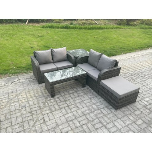 Fimous High Back Rattan Garden Furniture Set with Loveseat Sofa Rectangular Coffee Table Big Footstool Side Table Indoor Outdoor Patio Lounge Sofa Set Dark Grey Mixed