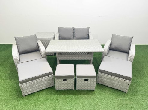Fimous PE Rattan Lounge Sofa Set 8 Seater Outdoor Garden Furniture Set with Dining Table Love Sofa 2 Big Footstools Side Table Light Grey