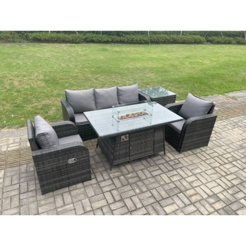 Fimous Outdoor Rattan Garden Furniture Set Propane Gas Fire Pit Table Burner with Lounge Sofa Side Table