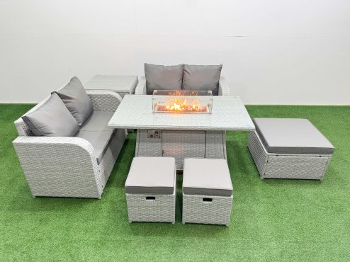Fimous 7 Seater Outdoor Love Sofa Set Rattan Garden Furniture Set with Firepit Dining Table 3 Footstool Side Table Light Grey