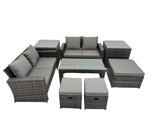 Fimous Outdoor Love Sofa Set 7 Seat Rattan Garden Furniture Set with Oblong Coffee Table 3 Footstools 2 Side Table Dark Grey Mixed