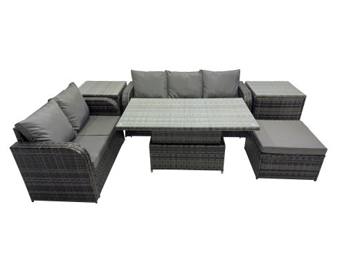 Fimous Rattan Garden Furniture Dining Set 6-seater Patio Height Adjustable Rising Lifting Table Sofa Set with 2 Side Tables Dark Grey Mixed