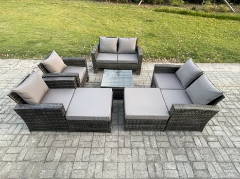 Fimous Rattan Outdoor Garden Furniture Sofa Set Table & Chairs with 2 Big Footstool Dark Grey Mixed