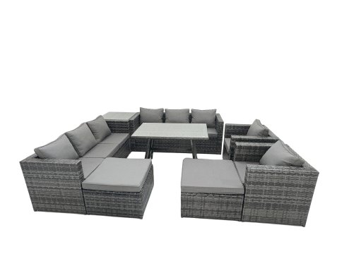Fimous Rattan Dining Table Sofa Set with Armchair Side Table 2 Big Footstools Outdoor 10 Seat Garden Furniture Set Dark Grey Mixed
