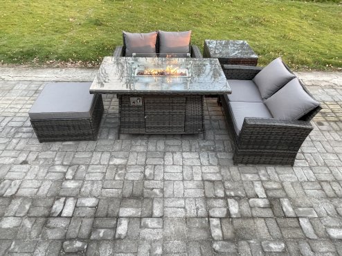 Fimous 5 Pieces Garden Furniture Sets Poly Rattan Outdoor Patio Gas Firepit Dining Table Sofa Set with Side Table Big Footstool