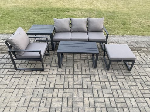 Fimous Aluminium 5 Pieces Garden Furniture Sofa Set with Cushions 5 Seater Outdoor Patio Set with Armchair Big Footstool Side Table Dark Grey