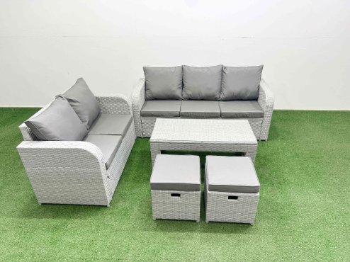 Fimous 7 Seater PE Rattan Wicker Garden Furniture Patio Conservatory Sofa Set with Oblong Coffee Table 3 Seater Sofa Love Sofa 2 Stools