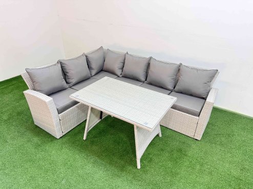 Fimous Garden Outdoor Rattan Furniture Set Rattan Corner Sofa Oblong Dining Table Set Light Grey Mixed 6 Seater