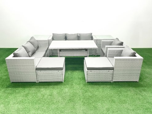 Fimous Rattan Garden Furniture Set Outdoor 8 Seater Patio Dinin g Sofa Sets with Dining Table 2 Chairs 2 Side Tables 2 Big Footstools Light Grey Mixed