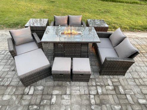 Fimous 8 Seater Rattan Outdoor Garden Furniture Gas Fire Pit Table Sets Gas Heater with Love Sofa Armchair 3 Footstools 2 Side Tables Dark Mixed Grey