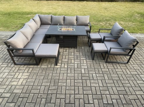 Fimous Aluminium Lounge Corner Sofa Outdoor Garden Furniture Sets Gas Fire Pit Dining Table Set with 2 Chairs 3 Footstools Dark Grey